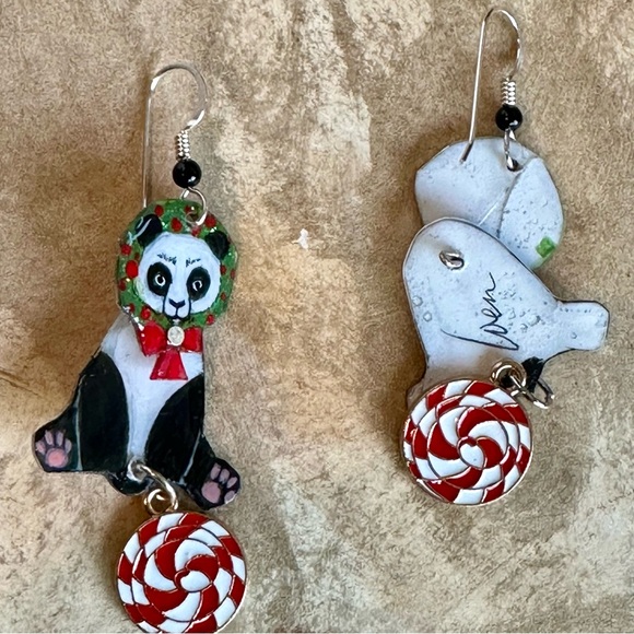 Handpainted Panda Bear earrings Xmas Christmas dangle OOAK lightweight Sterling - Picture 6 of 6